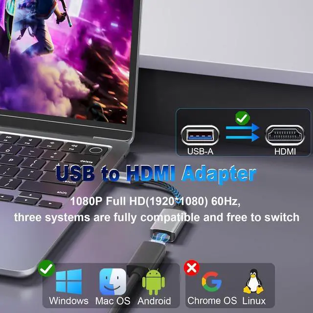 Alt view image 5 of 7 - USB to HDMI Adapter 1080P 60Hz USB A 3.0 to HDMI Adapter for Monitor TV Projectors Compatible with Mac OS Windows 7/8/10/11 - Requires Driver Installation
