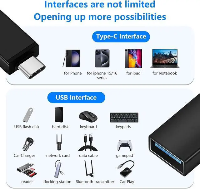 Alt view image 5 of 6 - 10 Pack USB C to USB3.0 Adapter Type C Male to USB Female Adapter for Smartphone PC Laptop Tablet Keyboard