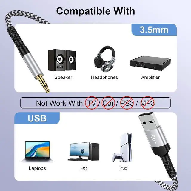 Alt view image 7 of 7 - USB to 3.5mm Male AUX Audio Jack Cable 3FT USB A to 3.5mm TRS Audio Cord Jack Adapter Nylon Braided Stereo AUX Cable for PC Compurter Speaker Headphones Laptop Mac OSX Desktop PS5 PS4 Windows