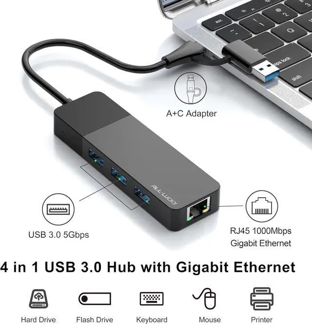 Alt view image 2 of 7 - ALL-LUCKY USB to Ethernet Adapter 4 in 1 USB C to Ethernet Adapter Hub with 3 x USB 3.0 Port/Gigabit Internet Port High-Speed Network Hub Compatible for iMac MacBook ProiPad ProXPS