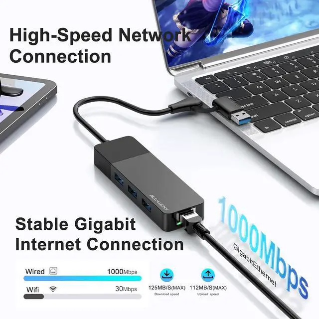 Alt view image 5 of 7 - ALL-LUCKY USB to Ethernet Adapter 4 in 1 USB C to Ethernet Adapter Hub with 3 x USB 3.0 Port/Gigabit Internet Port High-Speed Network Hub Compatible for iMac MacBook ProiPad ProXPS