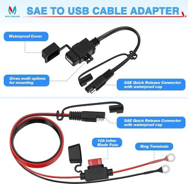 Alt view image 3 of 7 - Motorcycle USB Charger SAE to USB Cable Adapter SAE Quick Disconnect 2.1A Waterproof USB Port with Inline Fuse Socket Cable 12V-24V for Motorcycle Cellphone Tablet GPS More