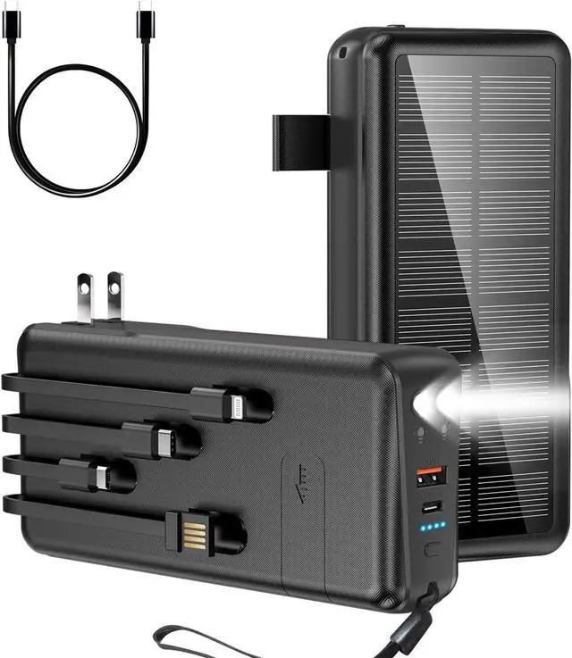 Main image of Portable Charger with Built in Cable and Wall Plug 50000mAh PD30W Fast Charging Solar Power Bank with 5 Output & 2 Input Dual LED Flashlights Phone Holder External Battery Pack (Black)