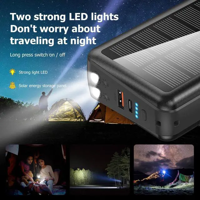 Alt view image 3 of 7 - Portable Charger with Built in Cable and Wall Plug 50000mAh PD30W Fast Charging Solar Power Bank with 5 Output & 2 Input Dual LED Flashlights Phone Holder External Battery Pack (Black)