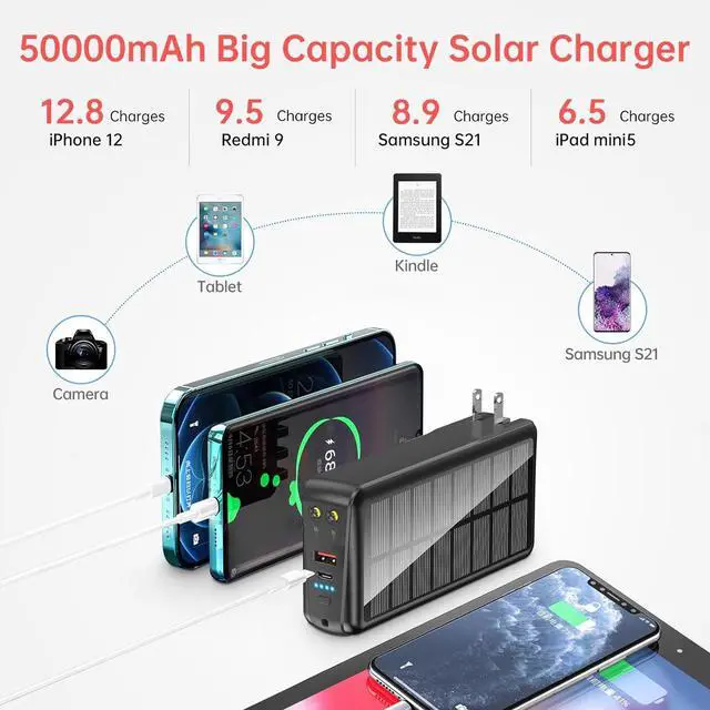 Alt view image 5 of 7 - Portable Charger with Built in Cable and Wall Plug 50000mAh PD30W Fast Charging Solar Power Bank with 5 Output & 2 Input Dual LED Flashlights Phone Holder External Battery Pack (Black)