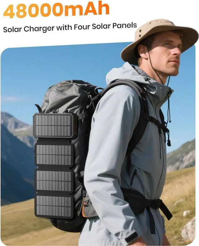 Alt view image 3 of 7 - -Solar-Charger-Power-Bank - 48000mAh Wireless Portable Charger Built-in 4 Cables and 4 Solar Panels PD QC 3.0 Fast Charging USB C Battery Pack with Flashlight for Camping Travel