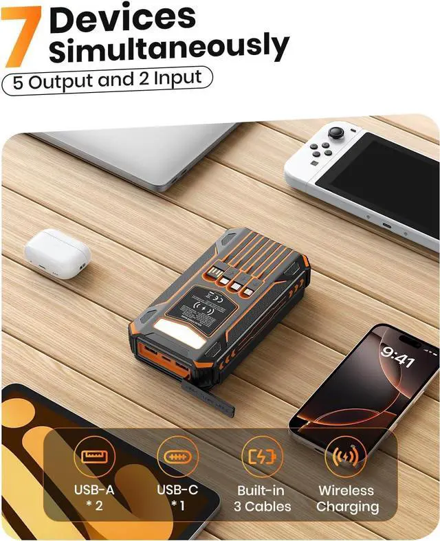 Alt view image 4 of 7 - -Solar-Charger-Power-Bank - 48000mAh Wireless Portable Charger Built-in 4 Cables and 4 Solar Panels PD QC 3.0 Fast Charging USB C Battery Pack with Flashlight for Camping Travel