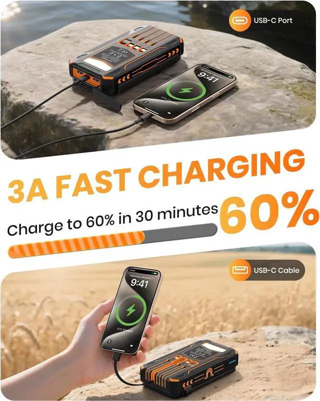 Alt view image 5 of 7 - -Solar-Charger-Power-Bank - 48000mAh Wireless Portable Charger Built-in 4 Cables and 4 Solar Panels PD QC 3.0 Fast Charging USB C Battery Pack with Flashlight for Camping Travel