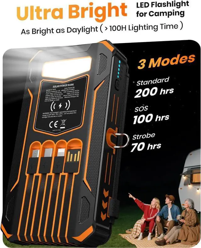 Alt view image 7 of 7 - -Solar-Charger-Power-Bank - 48000mAh Wireless Portable Charger Built-in 4 Cables and 4 Solar Panels PD QC 3.0 Fast Charging USB C Battery Pack with Flashlight for Camping Travel