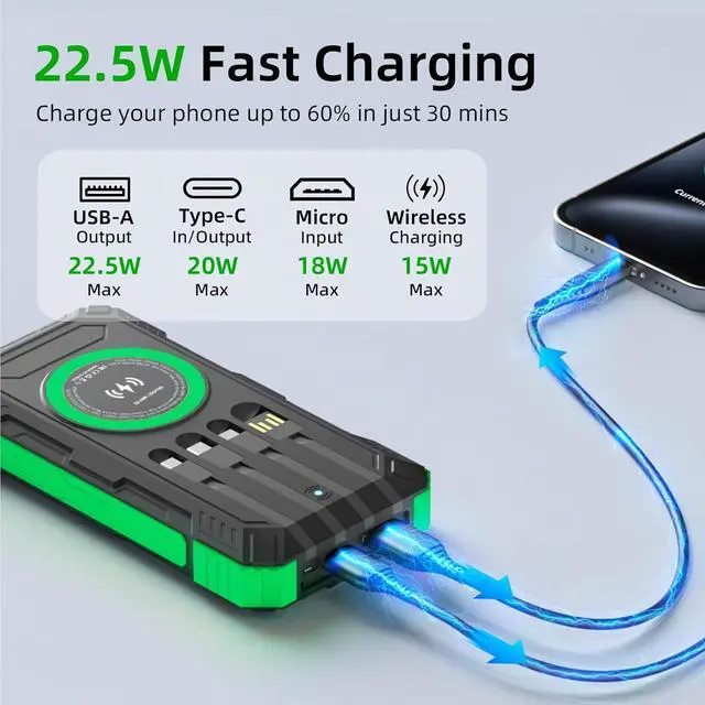 Alt view image 2 of 7 - Solar Charger Power Bank 49800mAh Wireless Portable Phone Charger 22.5W QC3.0 Fast Charging Built in 4 Cables with USB C 6 Outputs & 2 Inputs for All Cell Phone