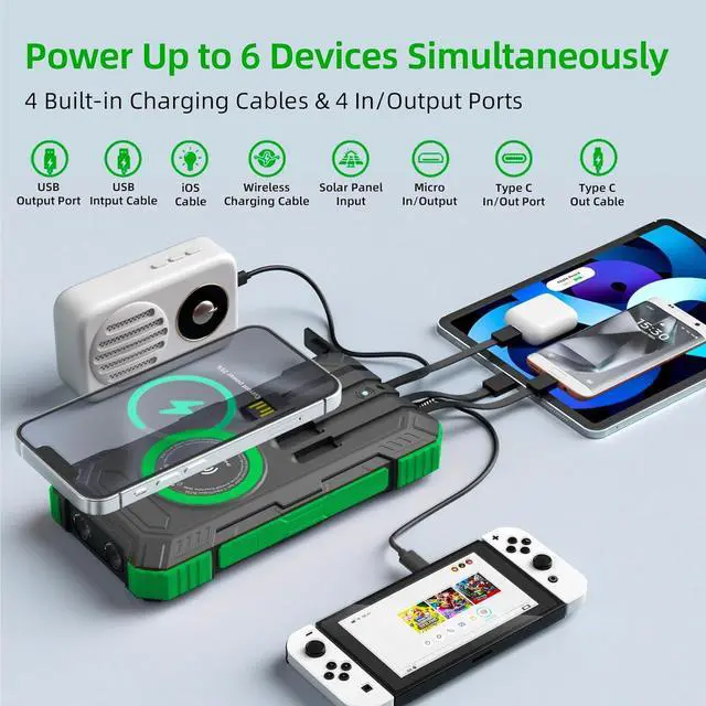 Alt view image 3 of 7 - Solar Charger Power Bank 49800mAh Wireless Portable Phone Charger 22.5W QC3.0 Fast Charging Built in 4 Cables with USB C 6 Outputs & 2 Inputs for All Cell Phone