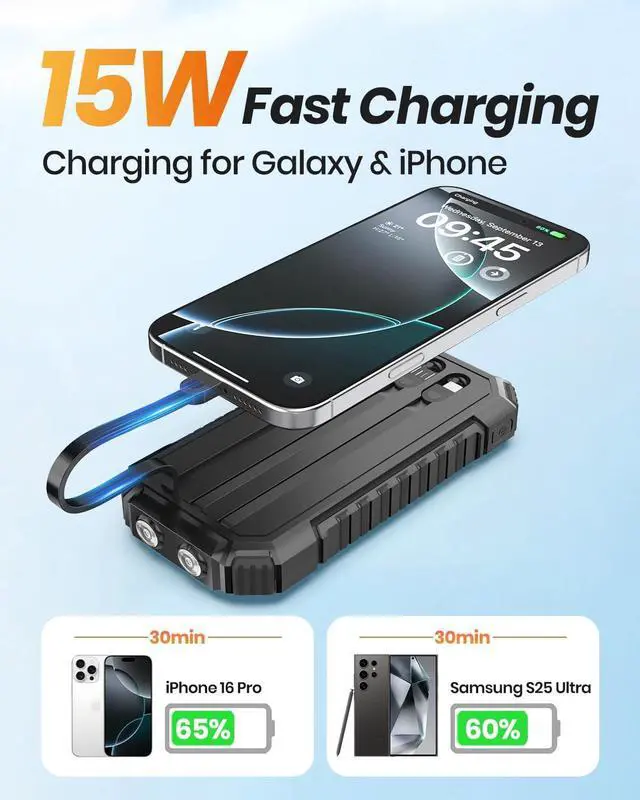 Alt view image 3 of 7 - Solar Charger for Outdoor: 27000mAh Power Bank with Built-in Cables - 15W Fast Charging Portable Charger with 2 Flashlights for All Smartphone -External Battery Pack for Camping(Black)