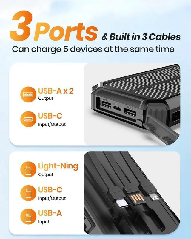 Alt view image 4 of 7 - Solar Charger for Outdoor: 27000mAh Power Bank with Built-in Cables - 15W Fast Charging Portable Charger with 2 Flashlights for All Smartphone -External Battery Pack for Camping(Black)