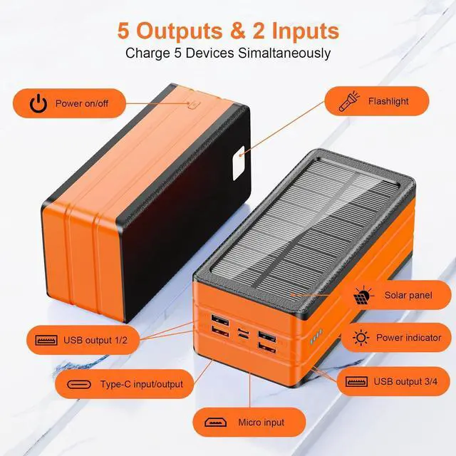 Alt view image 2 of 7 - Solar Power Bank Battery Pack 80000mAh PD 22.5W Fast Charging Cellephone Charger USB-C in&Out with 9 LED Lights 3 Modes Flashlight Compatible with iPhone Tablet Earphone for Camping Outdoor