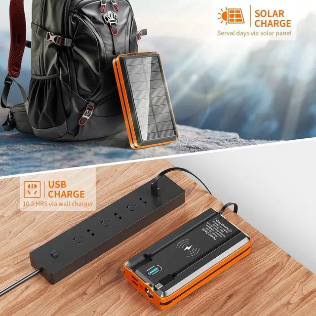 Alt view image 4 of 7 - Solar Power Bank Portable Charger 52800mAh 5V/3A Fast Charging Battery Pack with Built in 4 Cables 2 Outputs & LED Flashlight for All Mobile Devices Camping Traver Outdoor