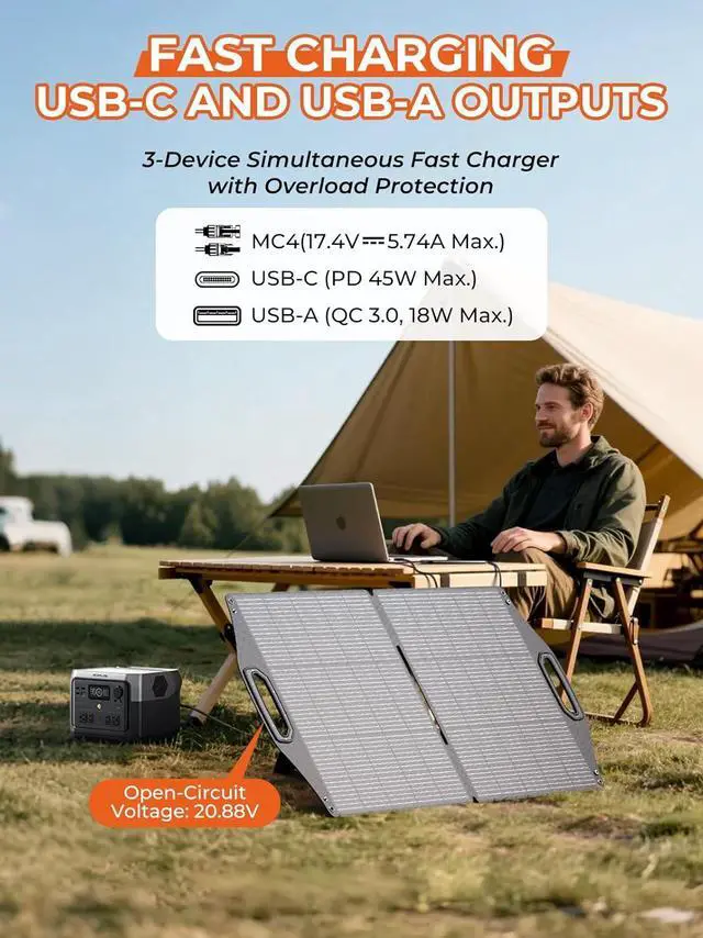 Alt view image 4 of 7 - 100W Solar Panel w/USB-C(45W PD)+USB-A(Fast Charging 18W) & MC-4 Ports IP68 Waterproof Camping Essentials Folding Portable Solar Charger w/Kickstand for Power Stations Phones Tablets