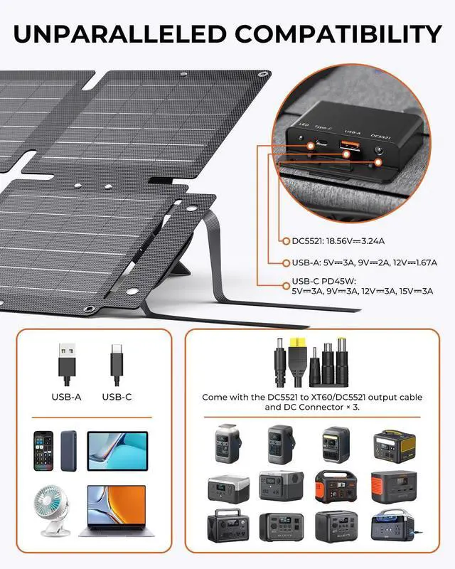 Alt view image 2 of 7 - 60W Portable Compact Solar Panel with PD 45W USB-C 20W USB-A DC Ports for Power Stations Cellphones Power Banks Tablets IP68 Waterproof Foldable Camping Solar Charger with Kickstand
