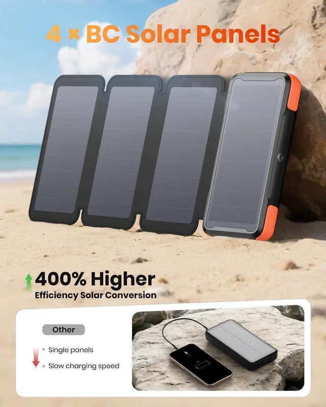 Alt view image 2 of 7 - Solar-Charger-Power-Bank-49800mAh 20W Fast Charging Portable Charger with Built-in 3 Cables & 4 Solar Panels USB C Solar Battery Bank with LED Flashlights for Smartphones Tablets