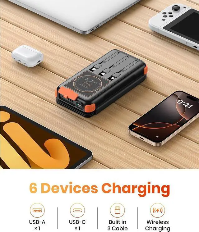 Alt view image 3 of 7 - Solar-Charger-Power-Bank-49800mAh 20W Fast Charging Portable Charger with Built-in 3 Cables & 4 Solar Panels USB C Solar Battery Bank with LED Flashlights for Smartphones Tablets