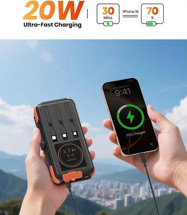 Alt view image 5 of 7 - Solar-Charger-Power-Bank-49800mAh 20W Fast Charging Portable Charger with Built-in 3 Cables & 4 Solar Panels USB C Solar Battery Bank with LED Flashlights for Smartphones Tablets