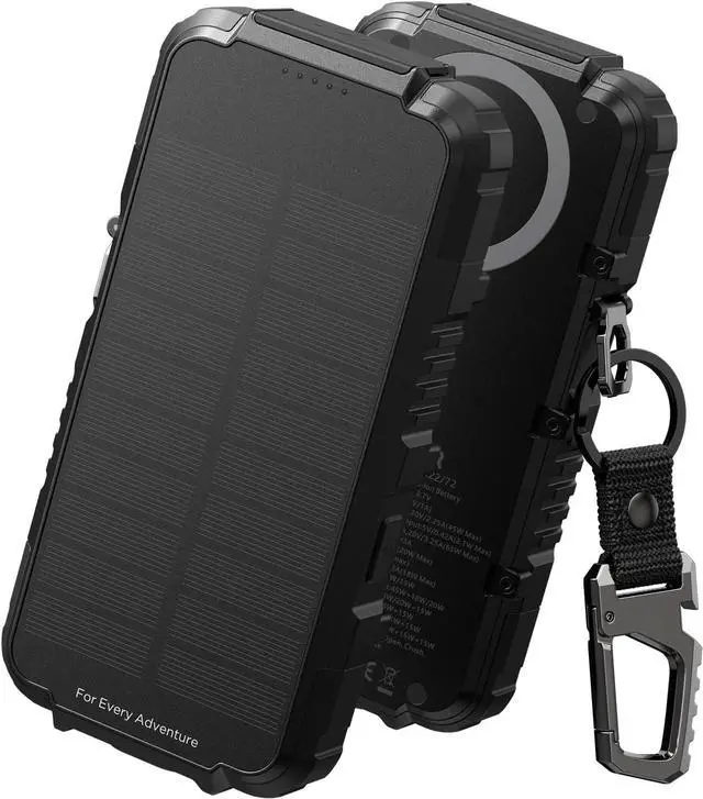 Main image of Solar Charger Power Bank 27 000mAh 65W PD3.0 & QC3.0 Fast Charging Powerbank External Battery Pack Portable Wireless Chargers with Flashlight and Carabiner Compatible with MagSafe & Qi