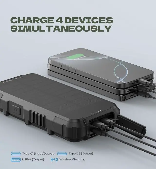 Alt view image 4 of 7 - Solar Charger Power Bank 27 000mAh 65W PD3.0 & QC3.0 Fast Charging Powerbank External Battery Pack Portable Wireless Chargers with Flashlight and Carabiner Compatible with MagSafe & Qi