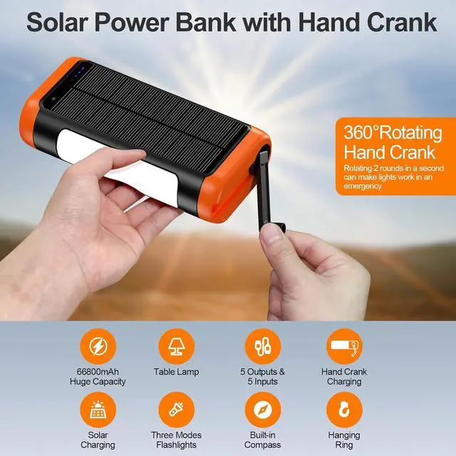 Alt view image 2 of 7 - Solar Power Bank Portable Charger:66800mAh Built in Hand Crank and 3 Cables 22.5W Fast Charging Phone External Battery Pack(5 Outputs & 5 Inputs) with Camping Flashlights/Table Lamp/Compass