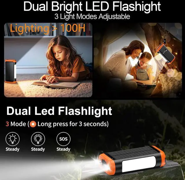 Alt view image 4 of 7 - Solar Power Bank Portable Charger:66800mAh Built in Hand Crank and 3 Cables 22.5W Fast Charging Phone External Battery Pack(5 Outputs & 5 Inputs) with Camping Flashlights/Table Lamp/Compass