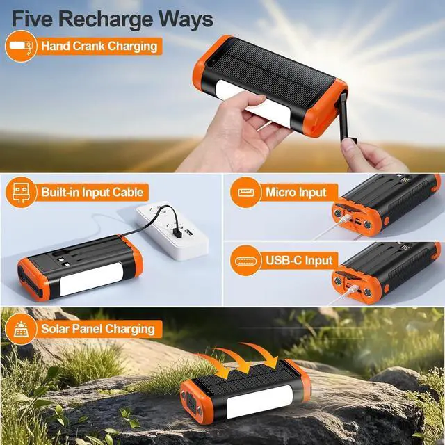 Alt view image 6 of 7 - Solar Power Bank Portable Charger:66800mAh Built in Hand Crank and 3 Cables 22.5W Fast Charging Phone External Battery Pack(5 Outputs & 5 Inputs) with Camping Flashlights/Table Lamp/Compass