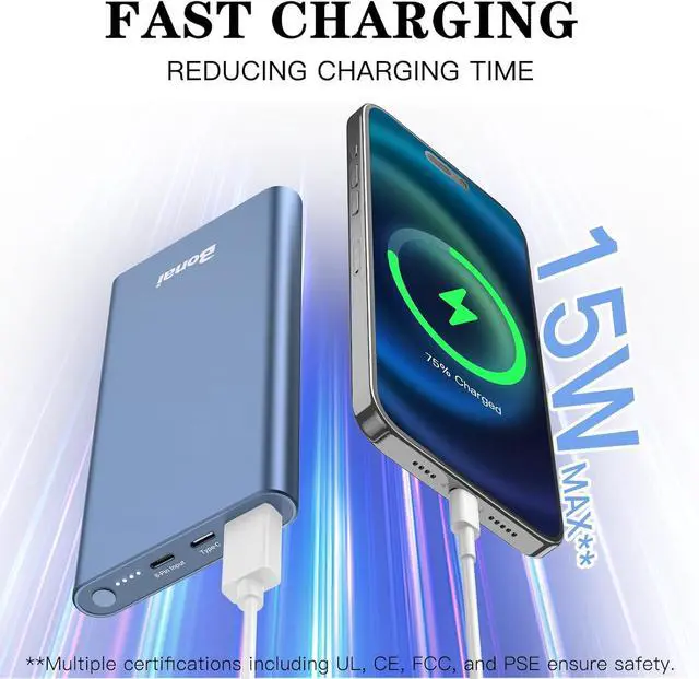 Alt view image 2 of 7 - Portable Charger 12 000mAh 5V/3A Fast Charging Power Bank Dural Input & Output Ports (USB-C in & Out) Portable Phone Charger for iPhone 15/14/13/12 Series Galxy Android iPad etc - Blue