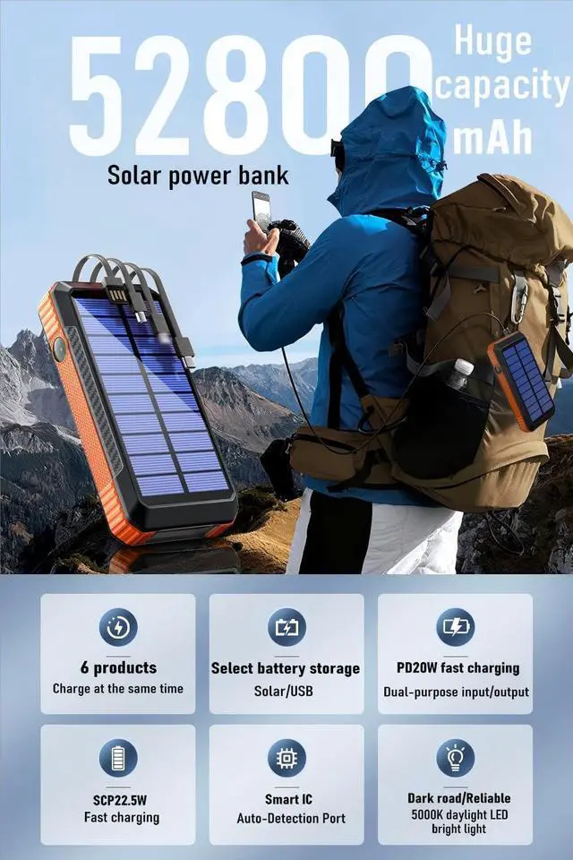 Alt view image 2 of 7 - Solar Power Bank Wireless Charger 52800mAh Built in 4 Cables and LED Camping Lights 22.5W Fast Charging Power Bank 7 Outputs 4 Inputs Portable Charger Compatible with All Mobile Devices (Orange)