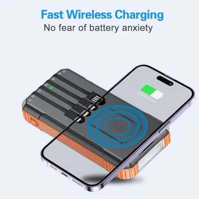Alt view image 3 of 7 - Solar Power Bank Wireless Charger 52800mAh Built in 4 Cables and LED Camping Lights 22.5W Fast Charging Power Bank 7 Outputs 4 Inputs Portable Charger Compatible with All Mobile Devices (Orange)