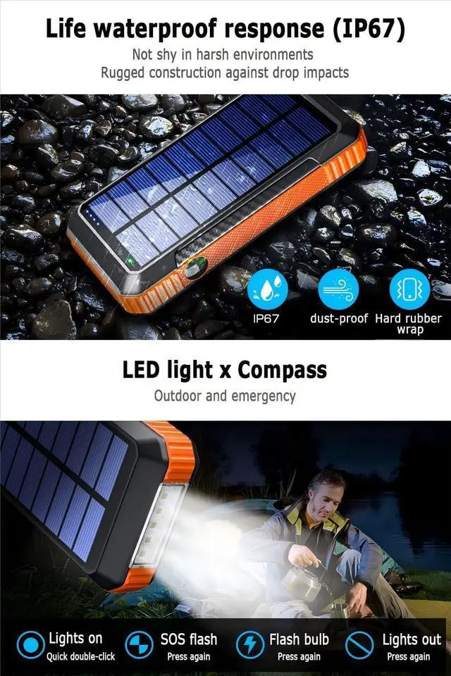Alt view image 7 of 7 - Solar Power Bank Wireless Charger 52800mAh Built in 4 Cables and LED Camping Lights 22.5W Fast Charging Power Bank 7 Outputs 4 Inputs Portable Charger Compatible with All Mobile Devices (Orange)
