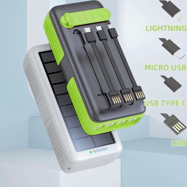 Alt view image 3 of 6 - Solar Power Bank Portable Charger 63200mAh Battery Pack Hand Crank Charger Dual Outputs Inputs 4 LED Flashlight Fast Charging with Built in Cables Power for Phone Camping Emergency Travel (Green)