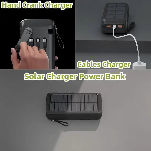 Alt view image 6 of 6 - Solar Power Bank Portable Charger 63200mAh Battery Pack Hand Crank Charger Dual Outputs Inputs 4 LED Flashlight Fast Charging with Built in Cables Power for Phone Camping Emergency Travel (Green)