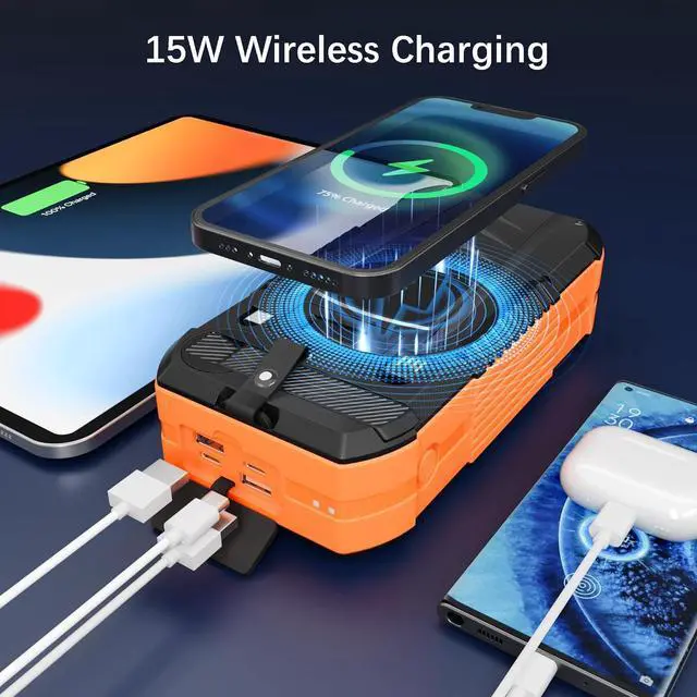 Alt view image 2 of 7 - Solar Charger Wireless Power Bank 73200mAh Built in 2 Cables and Hand Crank Portable Charger 22.5W Fast Charger 6 Outputs & 4 Inputs External Battery Pack with Bright Flashlight and Compass