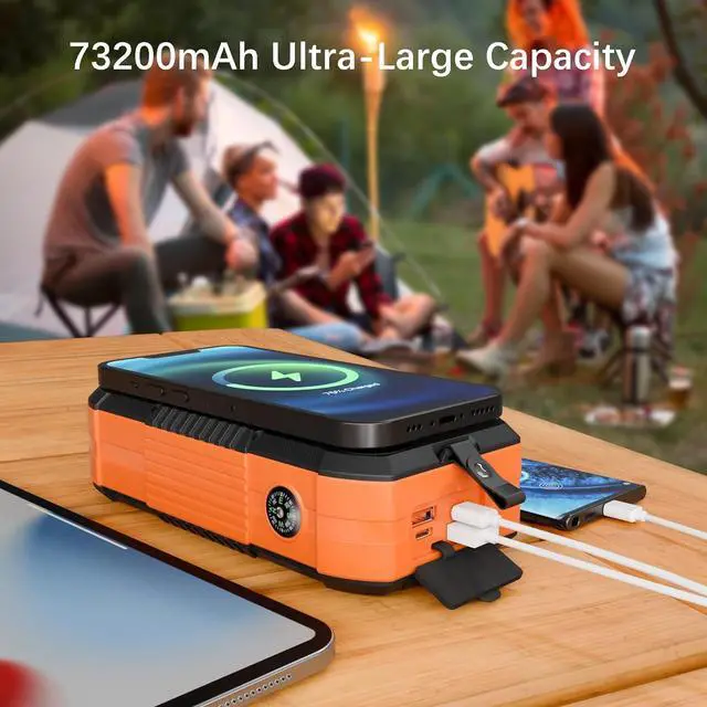 Alt view image 3 of 7 - Solar Charger Wireless Power Bank 73200mAh Built in 2 Cables and Hand Crank Portable Charger 22.5W Fast Charger 6 Outputs & 4 Inputs External Battery Pack with Bright Flashlight and Compass