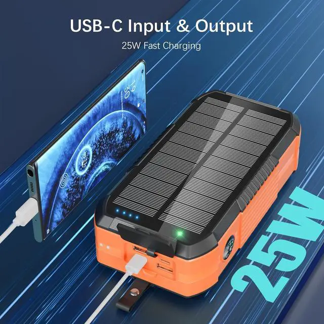 Alt view image 4 of 7 - Solar Charger Wireless Power Bank 73200mAh Built in 2 Cables and Hand Crank Portable Charger 22.5W Fast Charger 6 Outputs & 4 Inputs External Battery Pack with Bright Flashlight and Compass