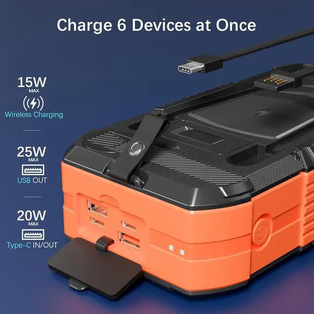 Alt view image 6 of 7 - Solar Charger Wireless Power Bank 73200mAh Built in 2 Cables and Hand Crank Portable Charger 22.5W Fast Charger 6 Outputs & 4 Inputs External Battery Pack with Bright Flashlight and Compass