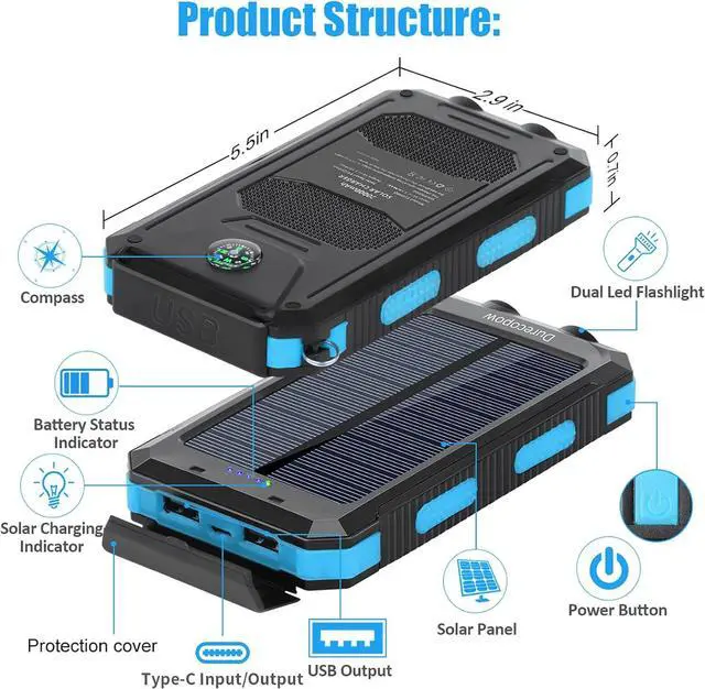 Alt view image 2 of 7 - Solar Charger Power Bank 20000mAh Portable Outdoor Waterproof Solar Battery Charger Camping External Backup Battery Pack USB C Ports Input/Output 2 Led Light Flashlight with Compass (Blue)