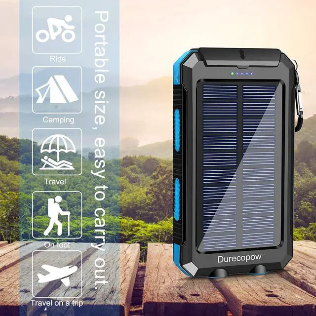 Alt view image 7 of 7 - Solar Charger Power Bank 20000mAh Portable Outdoor Waterproof Solar Battery Charger Camping External Backup Battery Pack USB C Ports Input/Output 2 Led Light Flashlight with Compass (Blue)