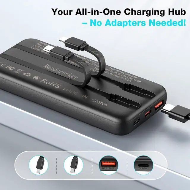 Alt view image 3 of 7 - Portable Charger with Built in Cable 10000mAh LED Display with 4 Output high Speed External Battery Pack Travel Phone Charger Compatible for iPhone  iPad Android Black
