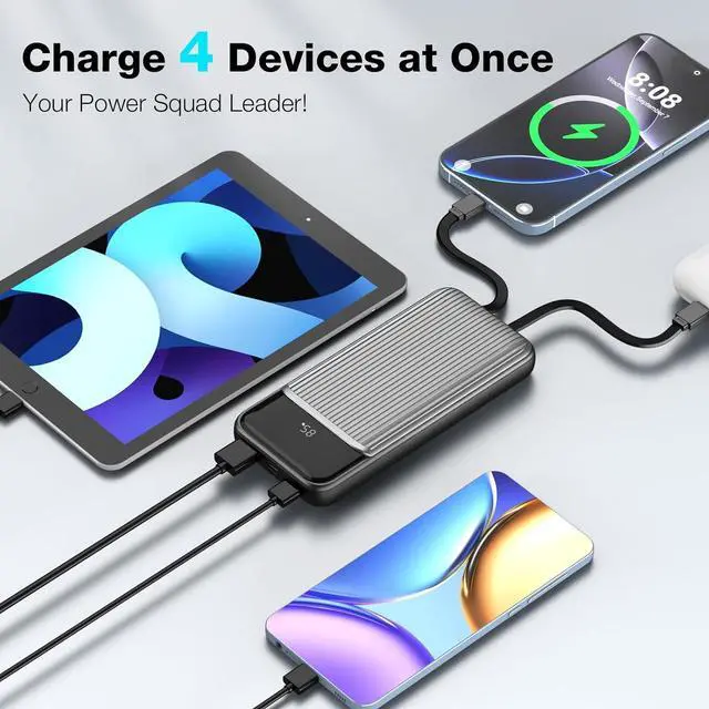 Alt view image 5 of 7 - Portable Charger with Built in Cable 10000mAh LED Display with 4 Output high Speed External Battery Pack Travel Phone Charger Compatible for iPhone  iPad Android Black