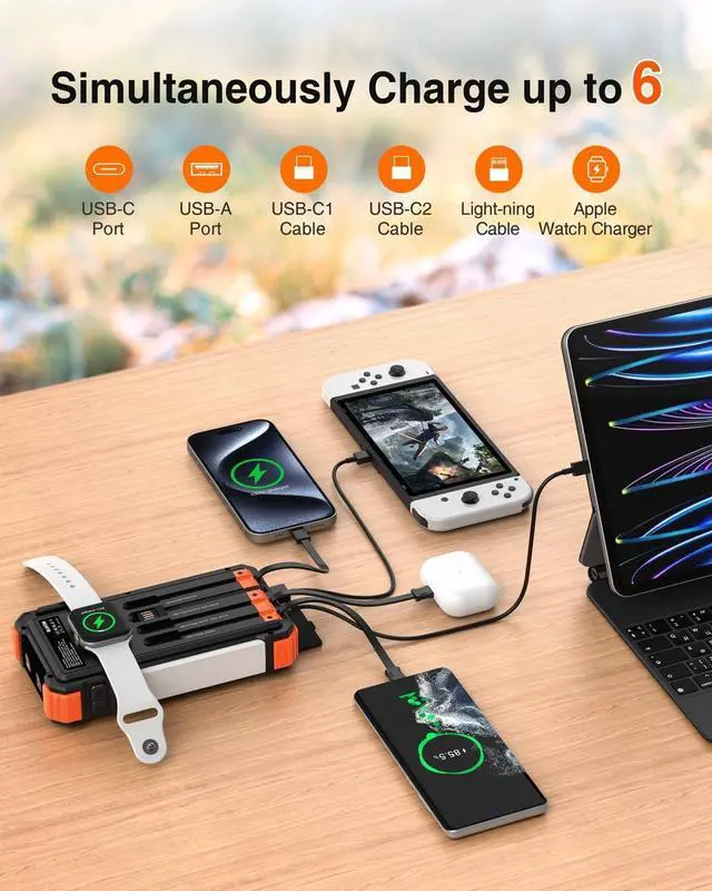 Alt view image 2 of 7 - Solar Charger Power Bank 20000mAh Built in 4 Cables 20W Fast Charging External Battery Pack with USB C Camping Light Flashlight Wireless Charging Battery Bank for  Watches