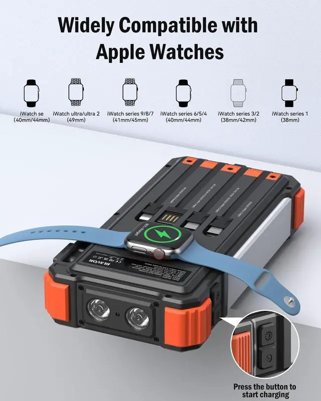 Alt view image 5 of 7 - Solar Charger Power Bank 20000mAh Built in 4 Cables 20W Fast Charging External Battery Pack with USB C Camping Light Flashlight Wireless Charging Battery Bank for  Watches