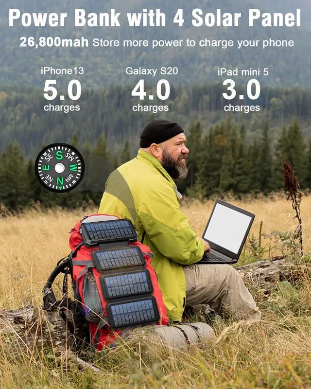 Alt view image 3 of 6 - Solar Charger Power Bank 26800mAh Portable Charger QC3.0 Fast Charger Built-in LED Flashlight (SOS) and Camping Light Outdoor Power Bank with Compass for All Mobile Phones and Electronic Devices