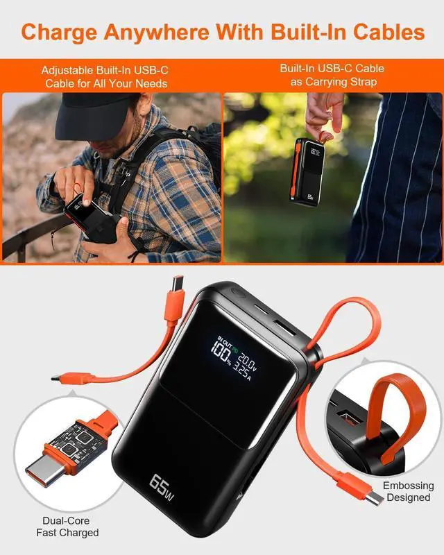 Alt view image 3 of 7 - 65W Portable Laptop Charger - 27 000mAh Power Bank with Built-in USB-C Cables 3-Port 130W Total Fast Charging for MacBook/iPhone/Steam Deck|TSA-Approved Travel Essential Airplane Safe Battery Pack