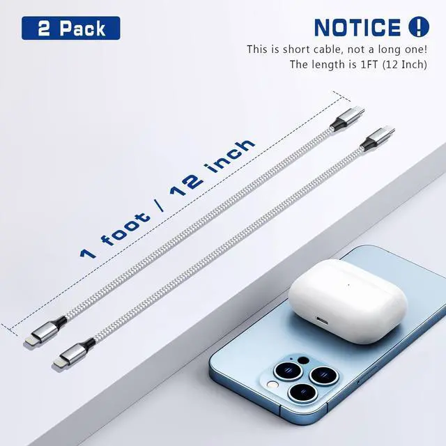Alt view image 3 of 7 - 1ft USB C to Lightning Cable Short 2 Pack PD USB C iPhone Charger Cable MFi Certified 12 inch Fast Charging Type C to Lightning Cord Nylon Braided for iPhone 14/13/12/11Pro/X/XR/XS/8/7/6s/Plus/iPad