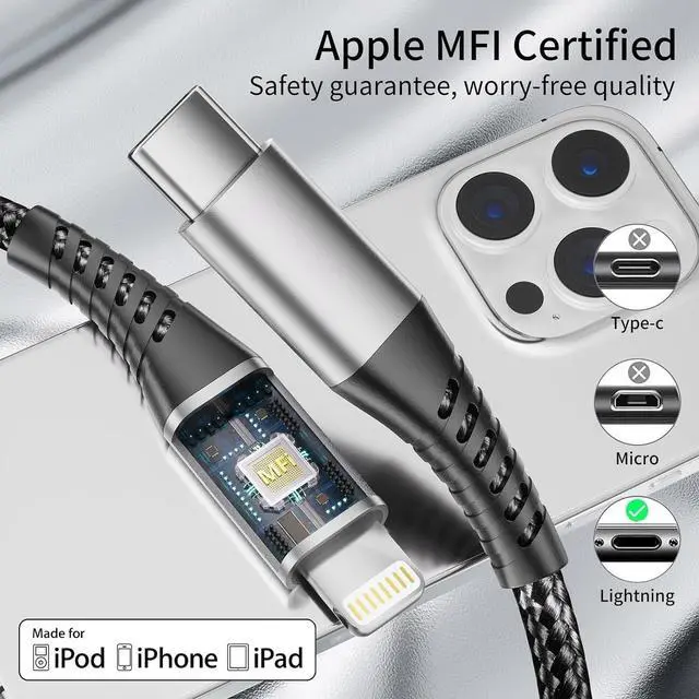 Alt view image 2 of 7 - 6 inch USB C to Lightning Cable Short 3-Pack Braided Type C Lightning Cable PD Fast Charging MFi Certified 0.5ft iPhone Charging Cord for  iPhone 14 13 12 11 Pro Max Xs Plus iPad Air Black