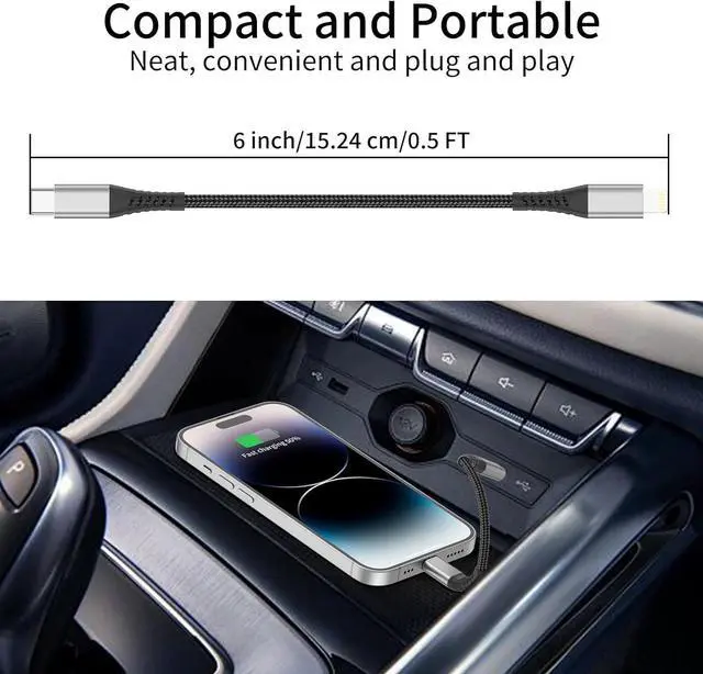 Alt view image 6 of 7 - 6 inch USB C to Lightning Cable Short 3-Pack Braided Type C Lightning Cable PD Fast Charging MFi Certified 0.5ft iPhone Charging Cord for  iPhone 14 13 12 11 Pro Max Xs Plus iPad Air Black